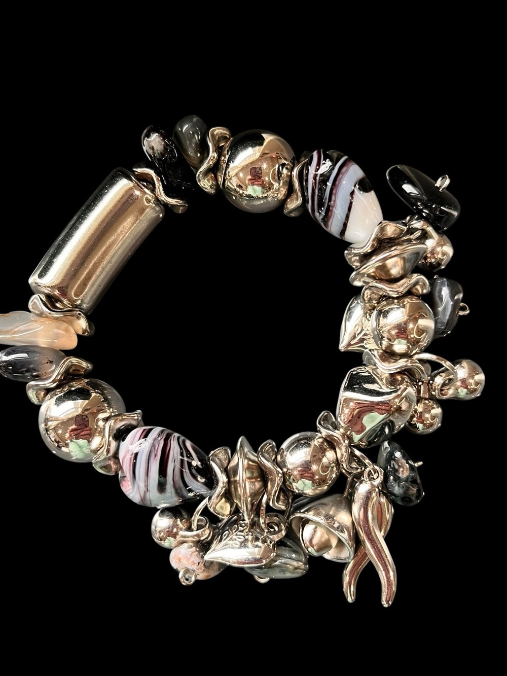 Silver-Tone Charm Cluster Bracelet with Black, Dark Blue & White Glass Beads